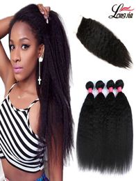 Brazilian Kinky Straight Hair Weave Bundles With Closure Part 100 Yaki 3 Bundles With Lace Closure Yaki Straight Human Virgi7506200