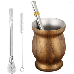 Tea Cups 230ML 304 Stainless Steel Double Walled Yerba Mate Sets Straw Spoon Brush Marble Wood Grain Anti Scald Cup Outdoor Teaware