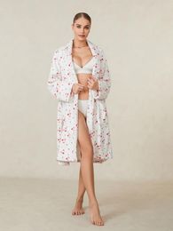 Women's Sleepwear Women Fuzzy Plush Bathrobe Y2k Cute Cherry Print Long Sleeve Shawl Collar Belted Soft Fleece Midi Robe With Pockets