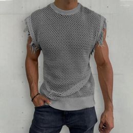 Coletes masculinos 2024 roupas de verão cor sólida colete de malha em torno do pescoço sem mangas suéter oco