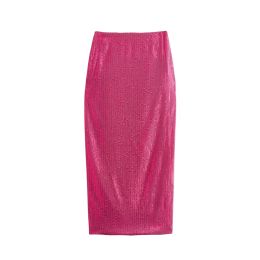 Skirt SLTNX TRAF Woman Sequins Long Skirts for Women 2023 Fashion Rose Red High Waist Slit Skirt Ladies Party Elegant Skirts Clothing