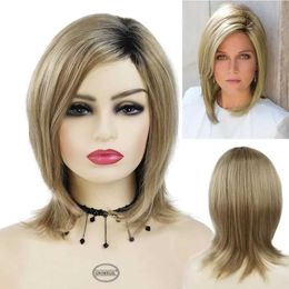 Hair Wigs Synthetic Blonde Woman Wig Short Bob Straight with Bangs Dark Roots Female Cosplay Costume Halloween 240306