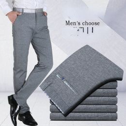 Pants Men's Casual Pants Summer Stretch Ice Silk Grey Man Straight Leg Dress Pants Slim Fit Thin Trousers Male Suit Pants Fashion Grey