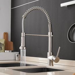 Kitchen Faucets Low Lead Commercial Single Handle Lever Pull Down Sprayer Spring Sink Faucet Brushed