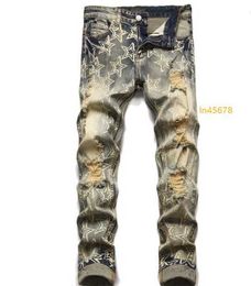 Mens Jeans Blue Gradient Grey Ripped Male Scraped Off 3D Star Print Soft Casual Cotton Trend Youth Distress Stretch High Street 2024