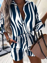 Sets Fashion Women Print Two Piece Sets 2022 Spring Summer Turndown Neck Long Sleeve Shirt Tops Short Pant Suit Lady Casual Outfit