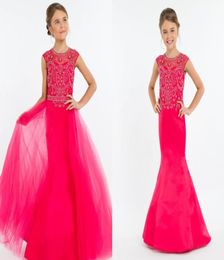 Pink Detachable Train Girls Pageant Dresses 2022 Long Mermaid Hollow Back Rhinestones Beaded Sequins Tulle Long Kids Formal2155553