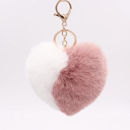 Trendy Double Color Heart Keychains for Women Pom Pom Faux Fur Key Chain Pompom Car Keyring Bag Pendant Accessories1305f