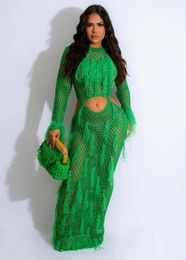 Casual Dresses Women's Sequined Tassel Hollow Out Long Dress For Women Sexy Hole Night Club Party Beach Wear Maxi Robe Femme 2024 Y2K