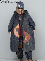 Trench da donna Vefadisa 2024 Autunno Inverno Industria Ricamato a mano Vecchio panno con cappuccio con cotone spesso Cappotto di media lunghezza ZY3592