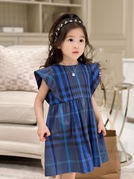 Designer kids cotton plaid dresses girls falbala fly sleeve princess dress 2024 summer children lattice pleated clothing Z6983