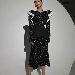 KAAAZI 2023 Long Sleeve Maxi Dress Flounced Edge Patchwork Lantern Sleeves Floral Print Women Long Dress Casual Fashion 240304