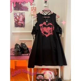 Dress Bow Laceup Off Shoulder Y2k Print ALine O Neck Dress Summer Tshirt Short Sleeve Dresses Women Black Harajuku Hotsweet Japanese