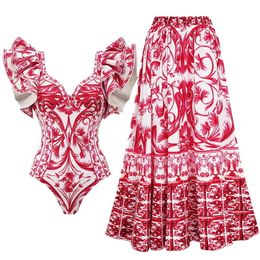 2024 Women Swimwear 2PC Cover-up Swimsuit Ruffle Solid Printed Deep V One-piece Monokini Kimono Bikini Suit Summer Beachwear