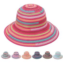 Fisherman Hat Female Summer Foldable Sun Rainbow Striped Cloth Colourful Sunscreen Woman Beach Holiday Idyllic Casual Cap Wide Brim336F