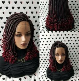 Handmade 14inch Box Braids Lace Front Wig With Curly Tips 1bBurgundy Ombre Red Color Short Braiding Hair Synthetic Wigs for Black5134889