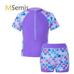 Swimwear Kids Girls Swimming Suit Stand Collar Short Sleeves Front Zipper Closure Print Tops and Shorts Set Beach Swimsuit Bathing Suit