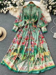 Autumn Bohemian Chiffon Green Maxi Dress Womens Turtleneck Lantern Sleeve Single Breasted Flower Print Belt Holiday Vestidos 240221