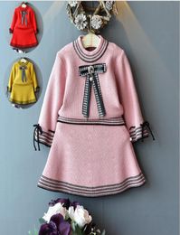 Girls Sweater And Skirts 2 Pcs Sets Fashion Bow Knitting Tops Skirts Suits Girls Highquality Goods Kids Clothing Sets5315644