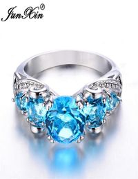 JUNXIN Female Light Blue Round Ring Fashion White Gold Filled Jewellery Vintage Wedding Rings For Women March Birth Stone Gifts5431492