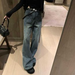 designer MM23 AutumnWinter New Fashion Heavy Industry Hot Rolled Diamond Letter Belt Wash Water Versatile Straight leg Jeans Q1HX