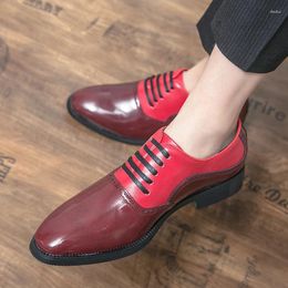 Dress Shoes Fashionable Derby Men's Pointed Lace Up Business Office Leather Black And Red 38-48