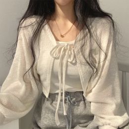 Cardigans White Knitted Cardigan Women Spring Summer Thin Sunscreen LaceUp Knitwear Tops Female Korean Style Lantern Sleeve Short Shirt