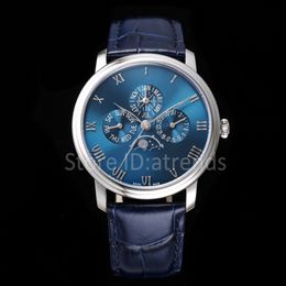 Top Stylish Automatic Mechanical Self Winding Watch Men Gold Silver Dial Sapphire Glass 42mm Cal.6654 Day Date Moon Phase Casual Wristwatch Leather Strap Clock BN03