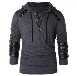 Men PU leather patchwork bandage gothic hip hop punk hooded tshirt hoodie male vintage lace up street rock tee shirts8222970
