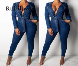 2020 Denim Jumpsuit Women Long Sleeve Front Zipper Jeans Rompers Women Jumpsuit With Sashes Plus size Belted Streetwear Overal6369237