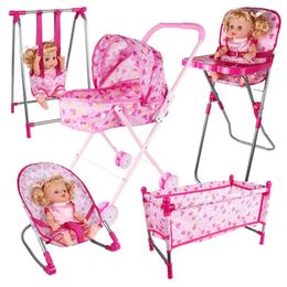 Simulation Doll Stroller Set Pink Baby Stroller Pretend Play Toys Nursery Role Play Doll House Furniture Set Doll Crib Cart Toys 240301