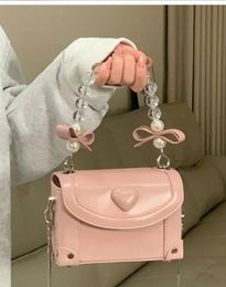 JIAERDI Sweet Pink Messenger Bag Women Fairycore Aesthetic Handle Pearl Chain Crossbody Bags Ladies Harajuku Heart Y2k Hand Bag 240223