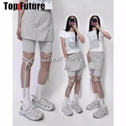 Capris Y2K Girl Harajuku Fake Two Piece Casual Trousers Japanese Women Pant Skirt Retro Solid Colour Pants Gothic Lolita lace up Skirt