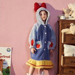 Kids Hooded Robe for Girls Winter Princess Child Thick Keep Warm Long Nightgown Front Button Coral Fleece Soft Bathrobe 240228