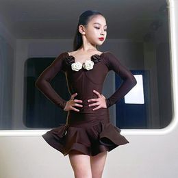 Stage Wear Long Sleeve Latin Performance Dress Girls Brown Competition Costume Tango ChaCha Modern Dance Outfit Bodysuit Skirt VDB7347