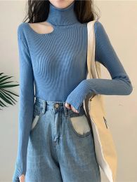 Pullovers Turtleneck Women Cut Out Slim Sweater Women Long Sleeve Thumb Hole Korean Fashion Pullover Sweaters Woman Knitted Winter Top