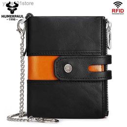 Money Clips HUMERPAUL Mens top layer cowhide wallet retro casual coin wallet double zipper RFID anti-theft brush wallet L240306