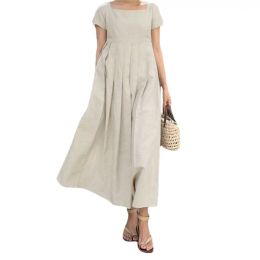 Dress Women's Dress Cotton Linen Short Sleeve Square Neck Elegant Casual Summer Dresses for Women Vintage Solid Maxi Dress