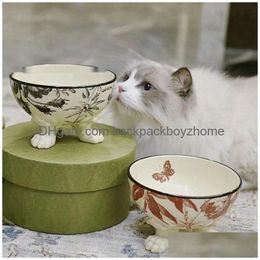 Cat Bowls & Feeders Designer Cat Bowls Raised Dog Food And Water Bowl Set Porcelain Pet Dish With Stand Backflow Prevention Dishwasher Dhzwu