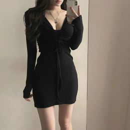 Dress Shirring Women's Dress 2023 Spring Evening Mini Dress Sexy Club Wear Tunic Frocks Slim Bodycon Long Sleeve Party One Piece Korea