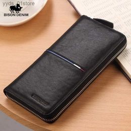 Money Clips BISON DENIM % Genuine Leather Wallets Men Long Wallet Credit Business Card Holders Mobile Phone Bag Zipper wallet Clutches L240306