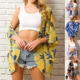 Cover-up Summer Women Floral Chiffon Coverups Beach Outfits For Women Kimono Sheer Half Sleeve Cardigan Beach Swimwear Tunic Beachwear