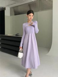 Dress Autumn Winter 2023 Women Light Purple Party Dress Elegant Cross Vneck Slim Knitted Slim Black Pleated Dress Korean Office Lady