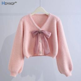 Cardigans Korean Sweet Style Bowknot Knitted Cardigan Women Autumn Single Breasted Vneck Cropped Sweater Solid Colour Street Knitwear Tops