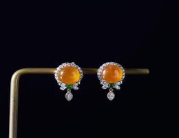 Stud Natural Yellow Chalcedony Transparent Round Bead Earrings Chinese Style Retro Creative Craft Charm Women39s Silver Jewelry4906533