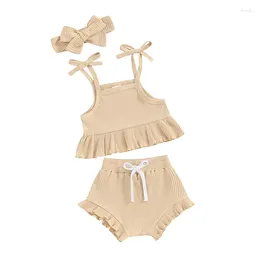 Clothing Sets Baby Girls 3 Piece Outfits Solid Color Ruffled Sleeveless Camisole Tops Elastic Shorts Cute Headband Set Summer Clothes