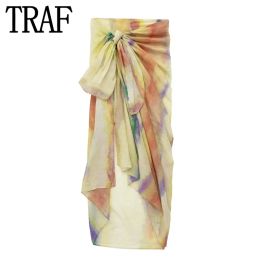 Skirt TRAF 2023 Woman Pareo Tie Dye Print Wrap Skirt Woman Midi Summer Beach Skirt Women Fashion High Waist Streetwear Women's Skirts