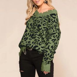 Pullovers Fashion Knitted Sweater Women Leopard Printed Ripped V Neck Distressed Knitwea Pullovers Autumn Winter Long Sleeve Jumper Tops