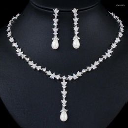 Dangle Earrings Gorgeous CZ Long Leaf Pearl Necklace And Earring Costume Jewellery Set For Fiancee
