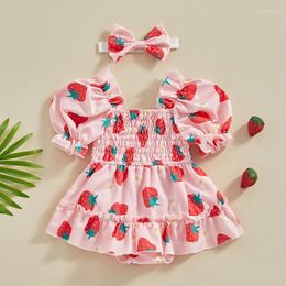 Girl Dresses Baby Smocked Romper Dress Floral Print Puff Sleeve Bubble Bodysuit With Headband Set Cute Summer Clothes